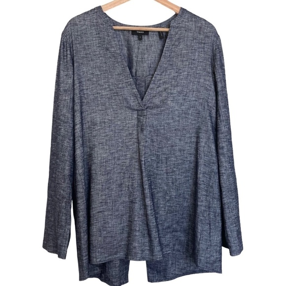 THEORY Ofeliah Linen Blend Tunic Top Tierra Wash V-Neck Split Back - Picture 4 of 7